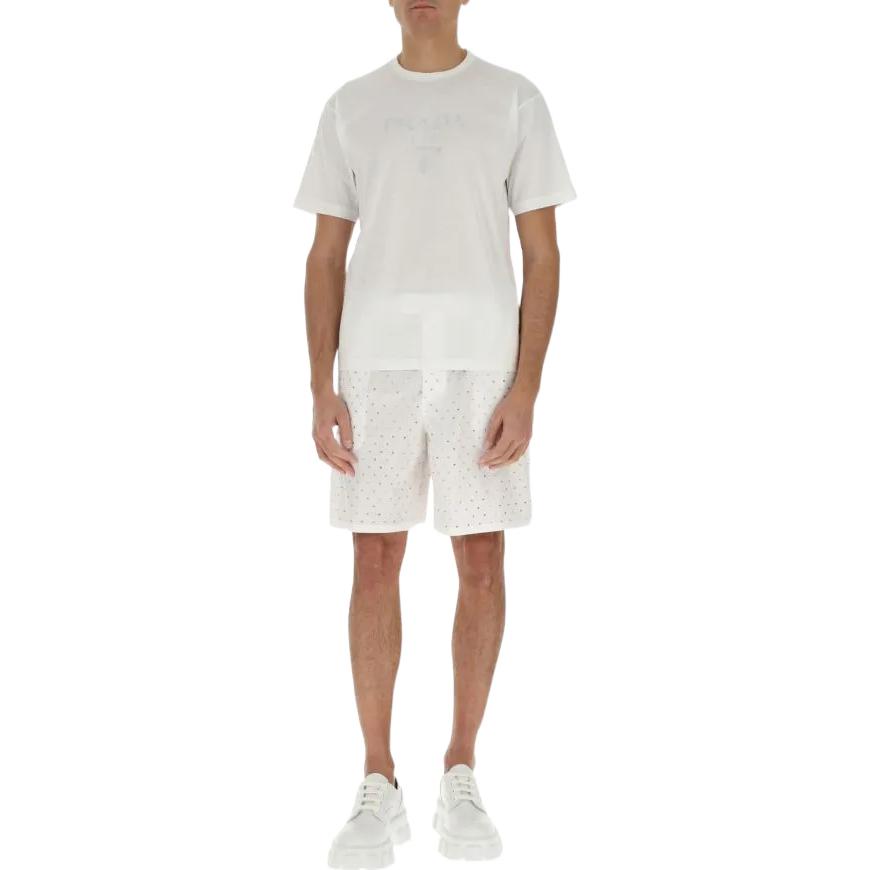Lookbook PRADA SS22  White Crewneck T-Shirt with Embroidered Letter Logo. UJN782-S22110AV-F0009