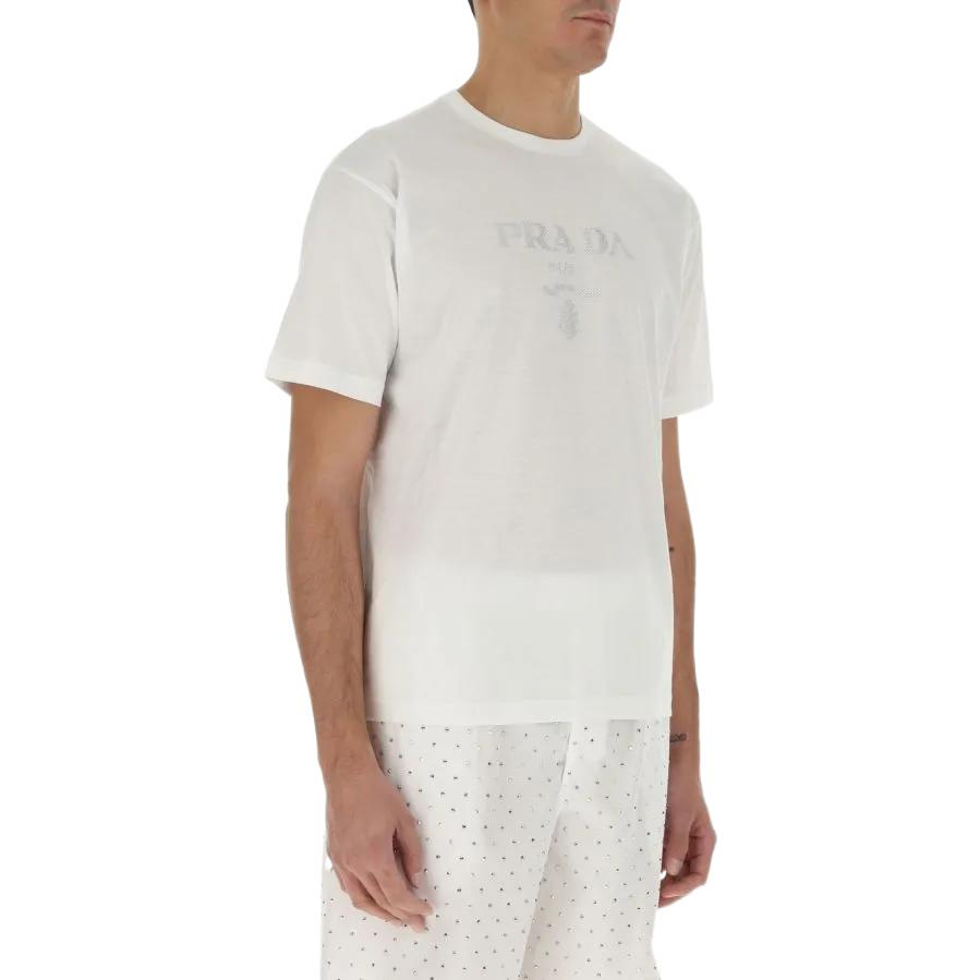 Purchase PRADA SS22  White Crewneck T-Shirt with Embroidered Letter Logo. UJN782-S22110AV-F0009