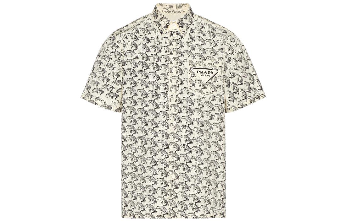 PRADA SS22  White Leopard Print Stretch Cotton Short-Sleeve Shirt. UCS293-10NM-F0061-S-192