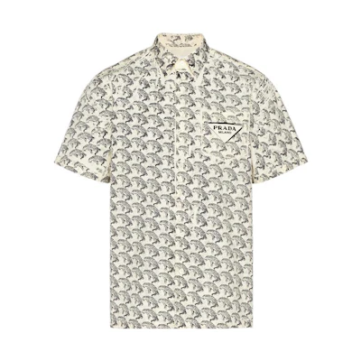 PRADA SS22 White Leopard Print Stretch Cotton Short-Sleeve Shirt. UCS293-10NM-F0061-S-192