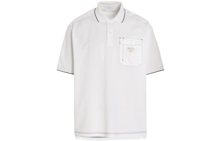 PRADA SS22  White Polo Shirt with Solid Color Logo Emblem. UJN789-1YR5-F0009