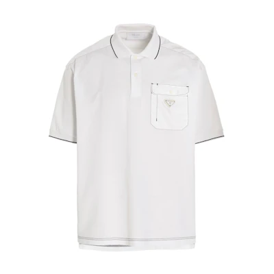 PRADA SS22 White Polo Shirt with Solid Color Logo Emblem. UJN789-1YR5-F0009