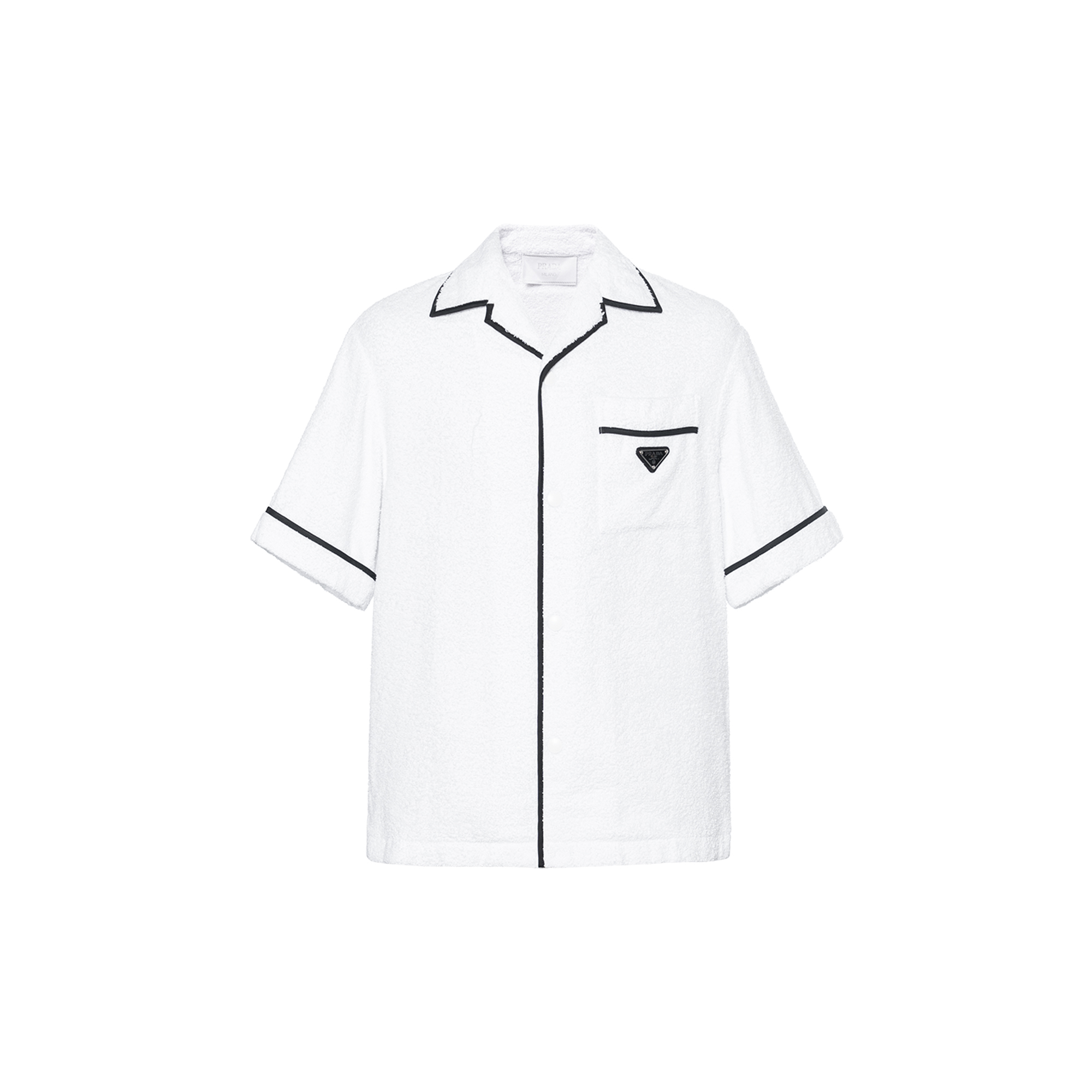 PRADA SS22  White Striped Logo Print Short-Sleeve Button-Up Shirt. SC559S2121ZR3-F0009