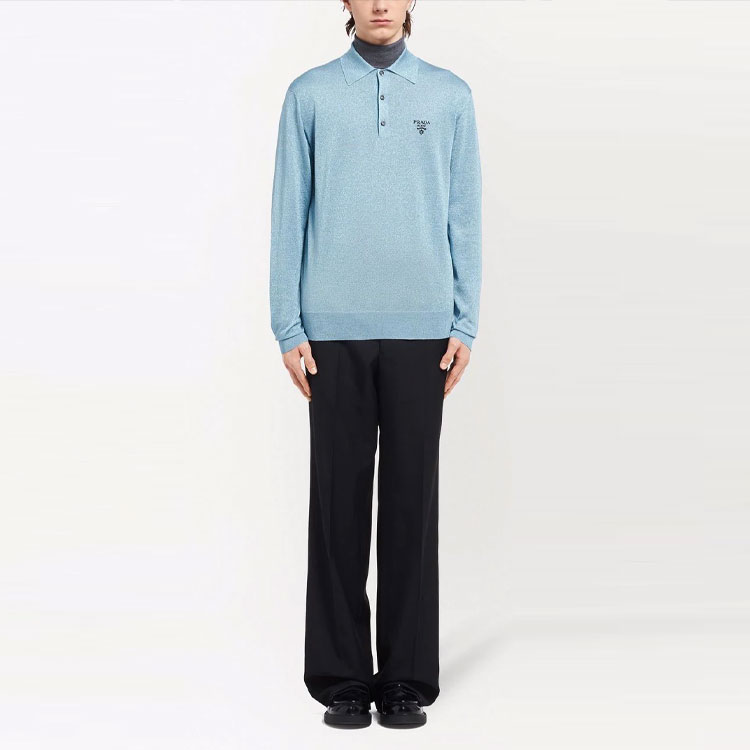 Lookbook Prada SS22 Baju Polo Lengan Panjang Rajut Biru Koleksi Musim Luruh UMB284S2211Z4Q-F0012