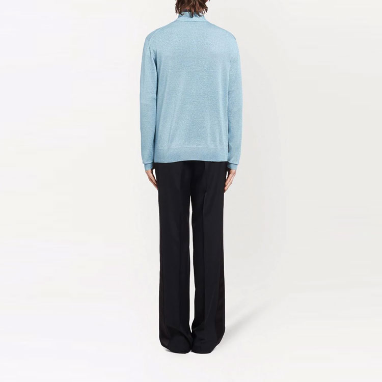 Shop Prada SS22 Baju Polo Lengan Panjang Rajut Biru Koleksi Musim Luruh UMB284S2211Z4Q-F0012