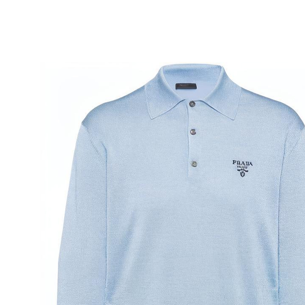 Sizing Prada SS22 Baju Polo Lengan Panjang Rajut Biru Koleksi Musim Luruh UMB284S2211Z4Q-F0012