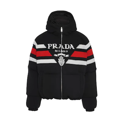 PRADA SS22 Logo Jacquard Stripe Hooded Down Jacket Black SGC017-10PA-F0002-S-212