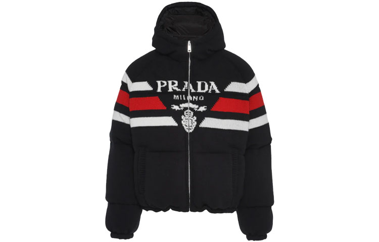 Order PRADA SS22 Logo Jacquard Stripe Hooded Down Jacket Black SGC017-10PA-F0002-S-212