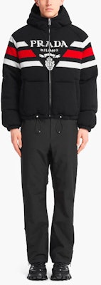 PRADA SS22 Logo Jacquard Stripe Hooded Down Jacket Black SGC017-10PA-F0002-S-212 Lookbook PRADA SS22 Logo Jacquard Stripe Hooded Down Jacket Black SGC017-10PA-F0002-S-212