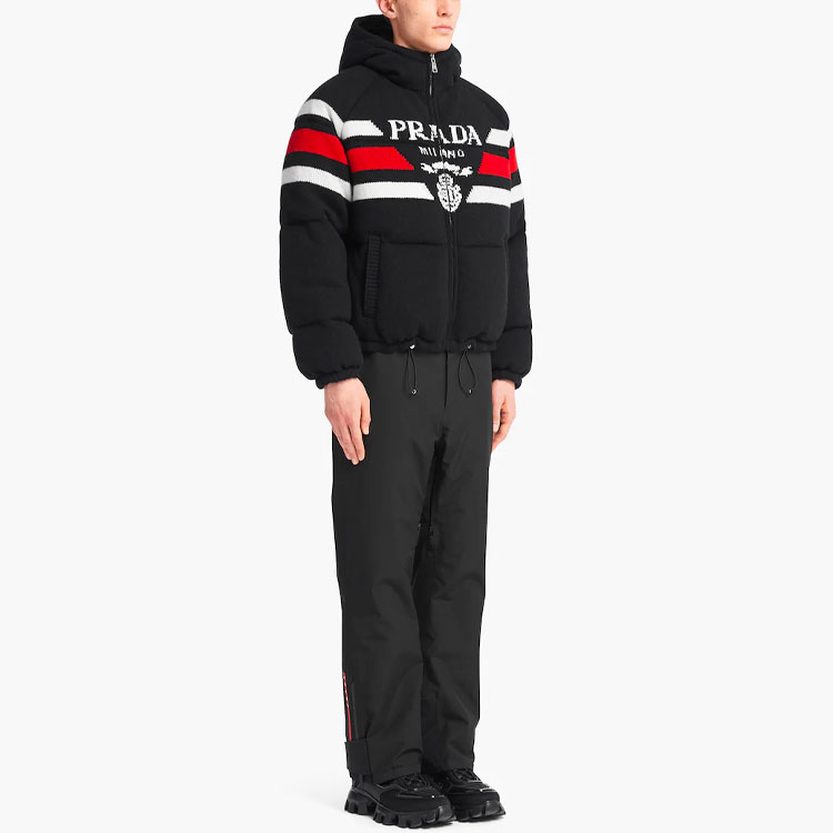 Purchase PRADA SS22 Logo Jacquard Stripe Hooded Down Jacket Black SGC017-10PA-F0002-S-212