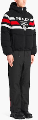PRADA SS22 Logo Jacquard Stripe Hooded Down Jacket Black SGC017-10PA-F0002-S-212 Purchase PRADA SS22 Logo Jacquard Stripe Hooded Down Jacket Black SGC017-10PA-F0002-S-212