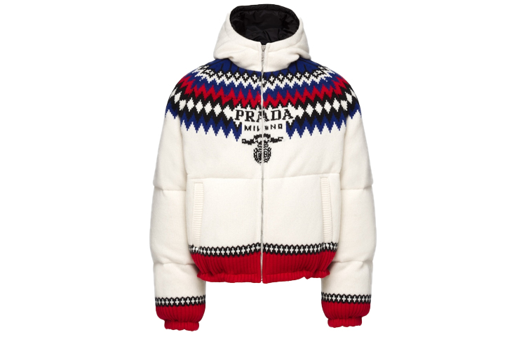 PRADA SS22 White Down Jacket Logo Jacquard Zip-Up Hoodie Winter  Coat. SGC018-10O8-F0009-S-212