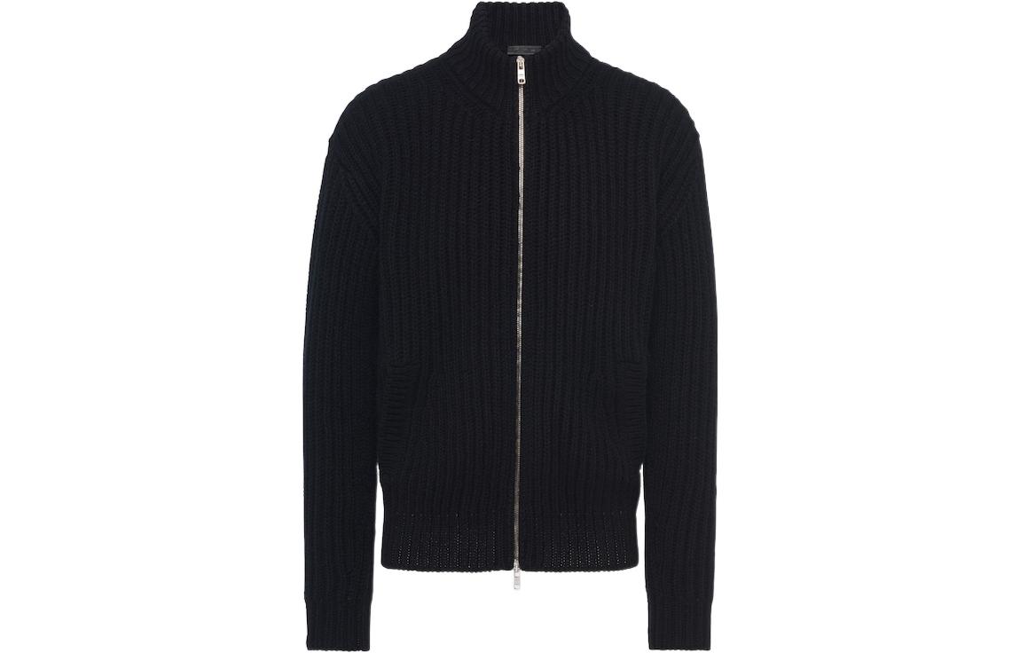PRADA SS23  Black Ribbed Knit Sweater with Logo Embroidery and Zipper. UMG155-11GC-F0002-S-222