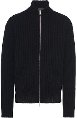PRADA SS23 Black Ribbed Knit Sweater with Logo Embroidery and Zipper. UMG155-11GC-F0002-S-222 Buy PRADA SS23 Black Ribbed Knit Sweater with Logo Embroidery and Zipper. UMG155-11GC-F0002-S-222