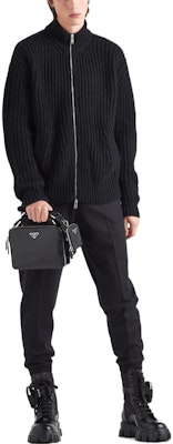 PRADA SS23 Black Ribbed Knit Sweater with Logo Embroidery and Zipper. UMG155-11GC-F0002-S-222 Lookbook PRADA SS23 Black Ribbed Knit Sweater with Logo Embroidery and Zipper. UMG155-11GC-F0002-S-222