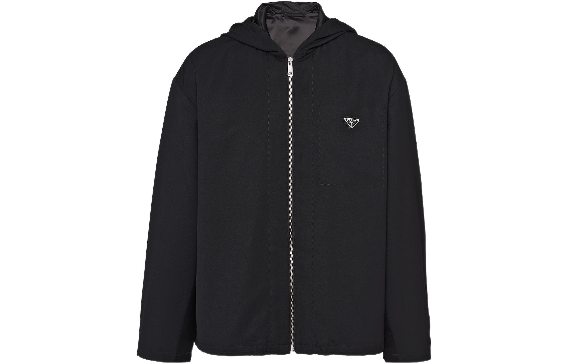 PRADA SS23  Black Zip-Up Hoodie Jacket with Badge Patch Long Sleeve. SGC195-11A6-F0002-S-231