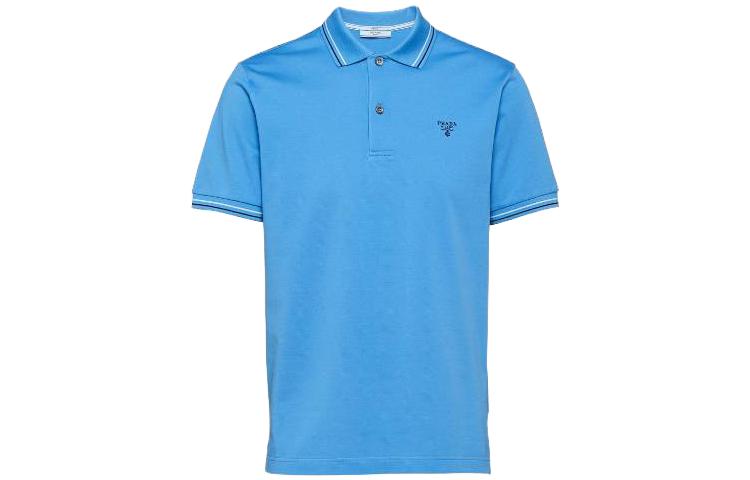 PRADA SS23  Blue Ribbed Knit Short Sleeve Polo Shirt with Logo Print. UJN765-1ZMI-F0237-S-212