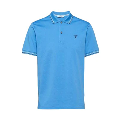 PRADA SS23 Blue Ribbed Knit Short Sleeve Polo Shirt with Logo Print. UJN765-1ZMI-F0237-S-212