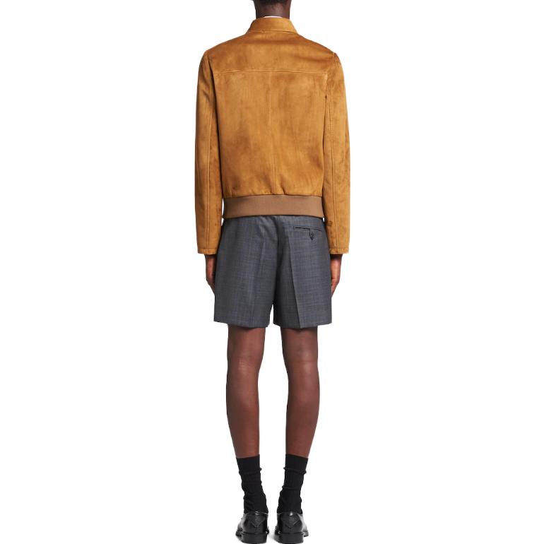 Shop PRADA SS23 棕色皮革外套帶Logo印花及拉鍊翻領 UPW421-1FEK-F0280