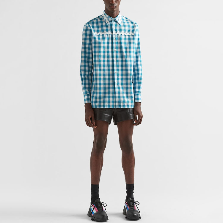 Lookbook プラダ SS23 チェック柄 長袖 UVカット シャツ ブルー ホワイト UCN493-12OB-F03DV-S-231