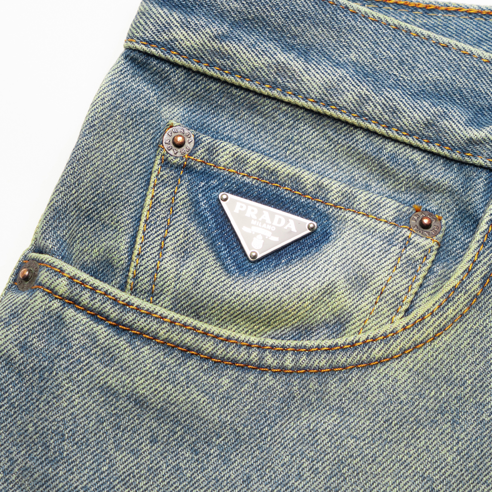 Details for PRADA SS23  Distressed Triangle Logo Light Blue Jeans GEP351-12K1-F0V3N-S-231