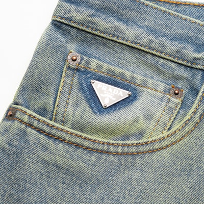 PRADA SS23 Distressed Triangle Logo Light Blue Jeans GEP351-12K1-F0V3N-S-231 Details for PRADA SS23 Distressed Triangle Logo Light Blue Jeans GEP351-12K1-F0V3N-S-231