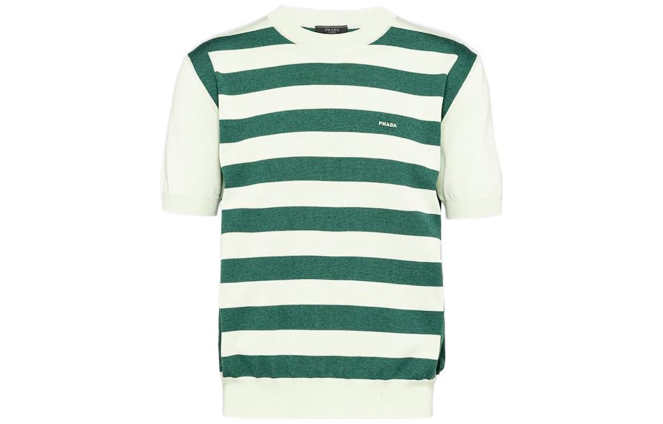 PRADA SS23  Mint Green Knit Short-Sleeve Sweater with Logo Stripes. UMB542-12S8-F0ZBD-S-231