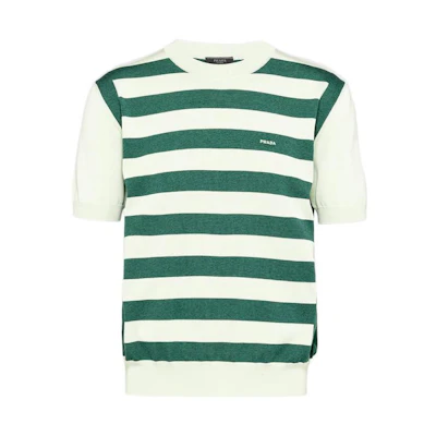 PRADA SS23 Mint Green Knit Short-Sleeve Sweater with Logo Stripes. UMB542-12S8-F0ZBD-S-231