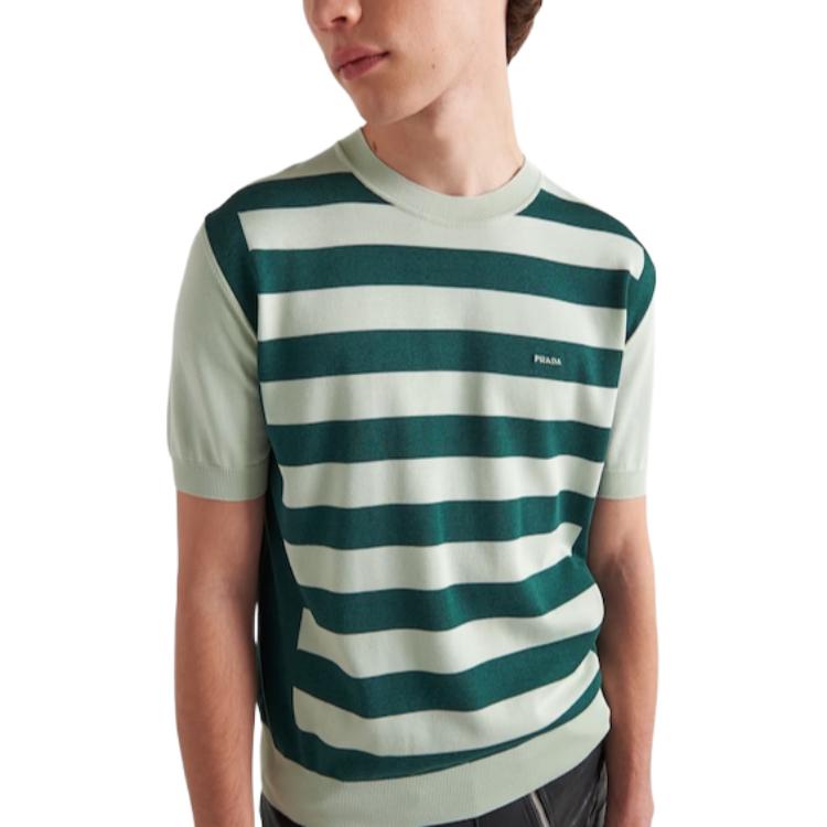 Shop PRADA SS23 薄荷綠條紋Logo針織短袖毛衣 UMB542-12S8-F0ZBD-S-231