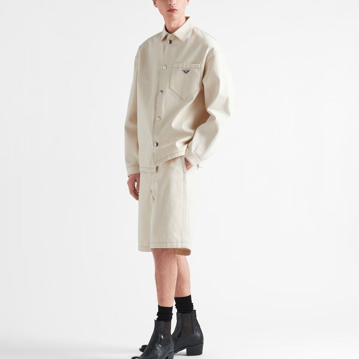 Purchase PRADA 2023春夏 超大標誌單排扣襯衫 米白色 GEC066-12CD-F0F4Q-S-212