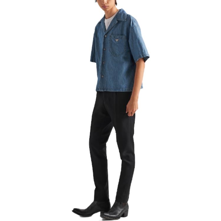 Shop PRADA SS23 單排扣防曬襯衫 藍色 純色標誌設計 GEC068-12N1-F0V3N-S-212