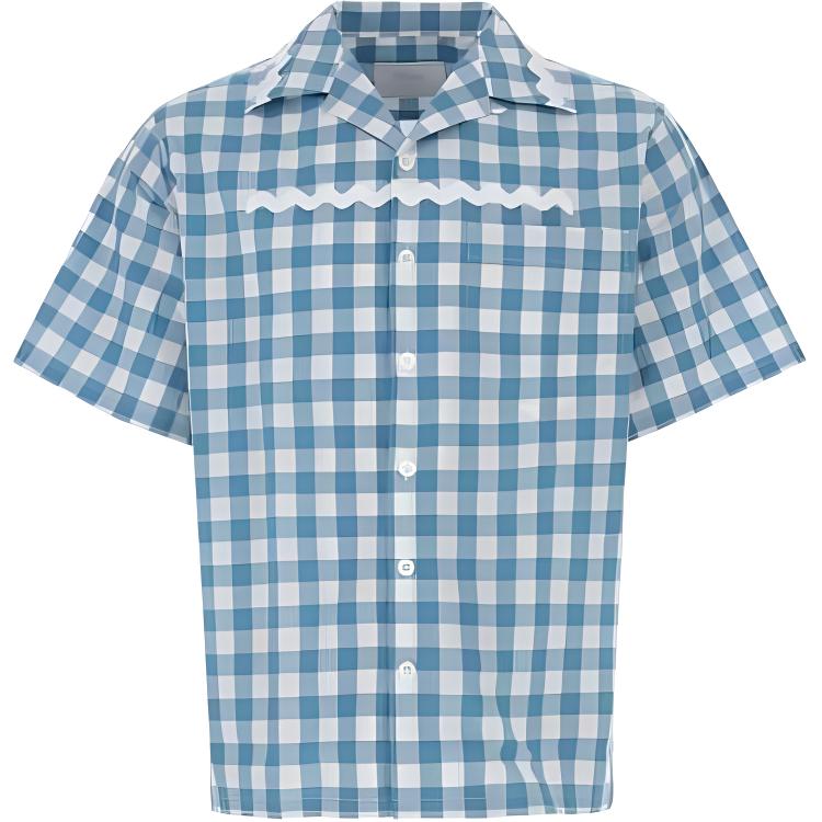 PRADA SS23  Turquoise Checkered Wavy Pattern Short-Sleeve Shirt. UCS434-1LTR-F03DV