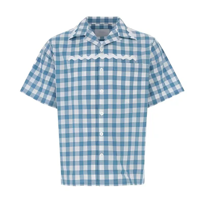 PRADA SS23 Turquoise Checkered Wavy Pattern Short-Sleeve Shirt. UCS434-1LTR-F03DV