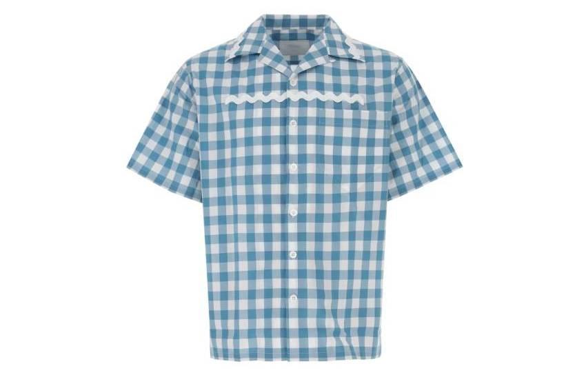 Order 프라다 SS23 터콰이즈 체크 물결무늬 반팔 셔츠. UCS434-1LTR-F03DV