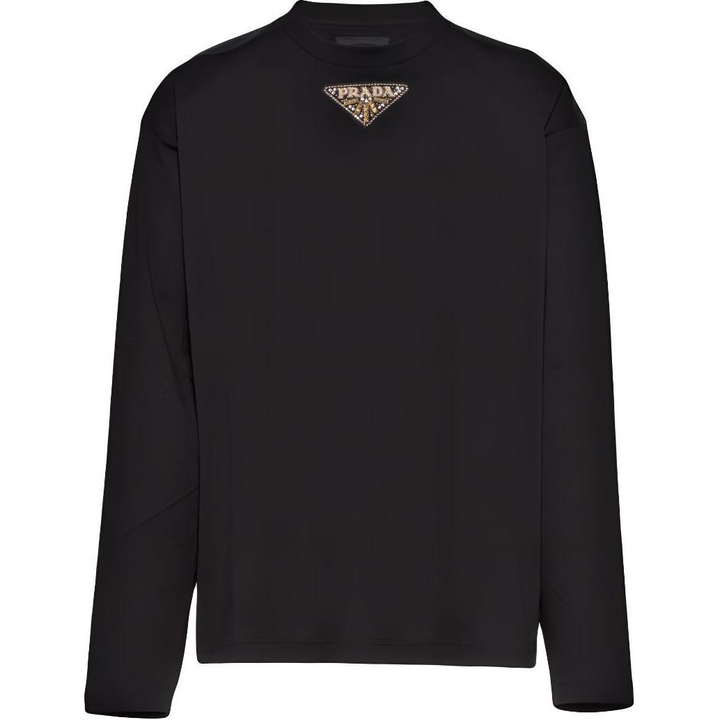 PRADA SS23 Black  Long-Sleeve Logo Print Crewneck Casual T-Shirt. UJL70A-12H4-F0002-S-231