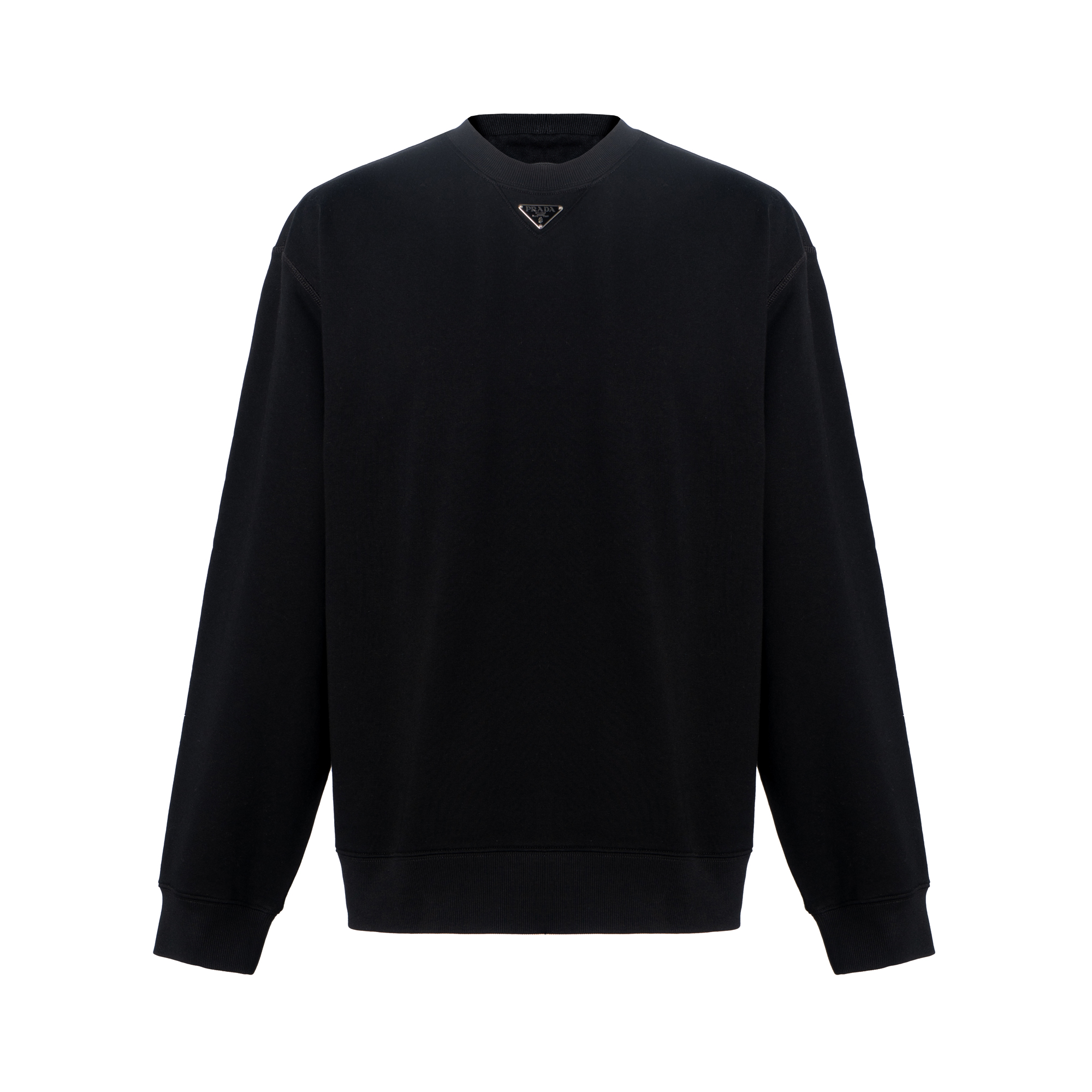 Prada SS23 Black Crewneck Sweatshirt with Metal Logo UJL26A11LNF0002