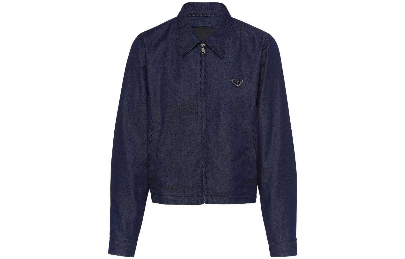 Prada SS23 Navy Blue Logo Patch Denim Bomber Jacket GEB224-12FZ-F0008-S-231