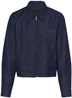 Prada SS23 Navy Blue Logo Patch Denim Bomber Jacket GEB224-12FZ-F0008-S-231 Prada SS23 Navy Blue Logo Patch Denim Bomber Jacket GEB224-12FZ-F0008-S-231