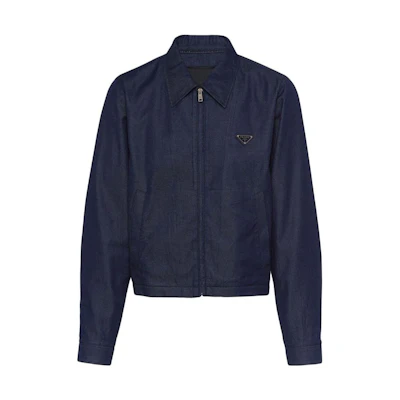 Prada SS23 Navy Blue Logo Patch Denim Bomber Jacket GEB224-12FZ-F0008-S-231