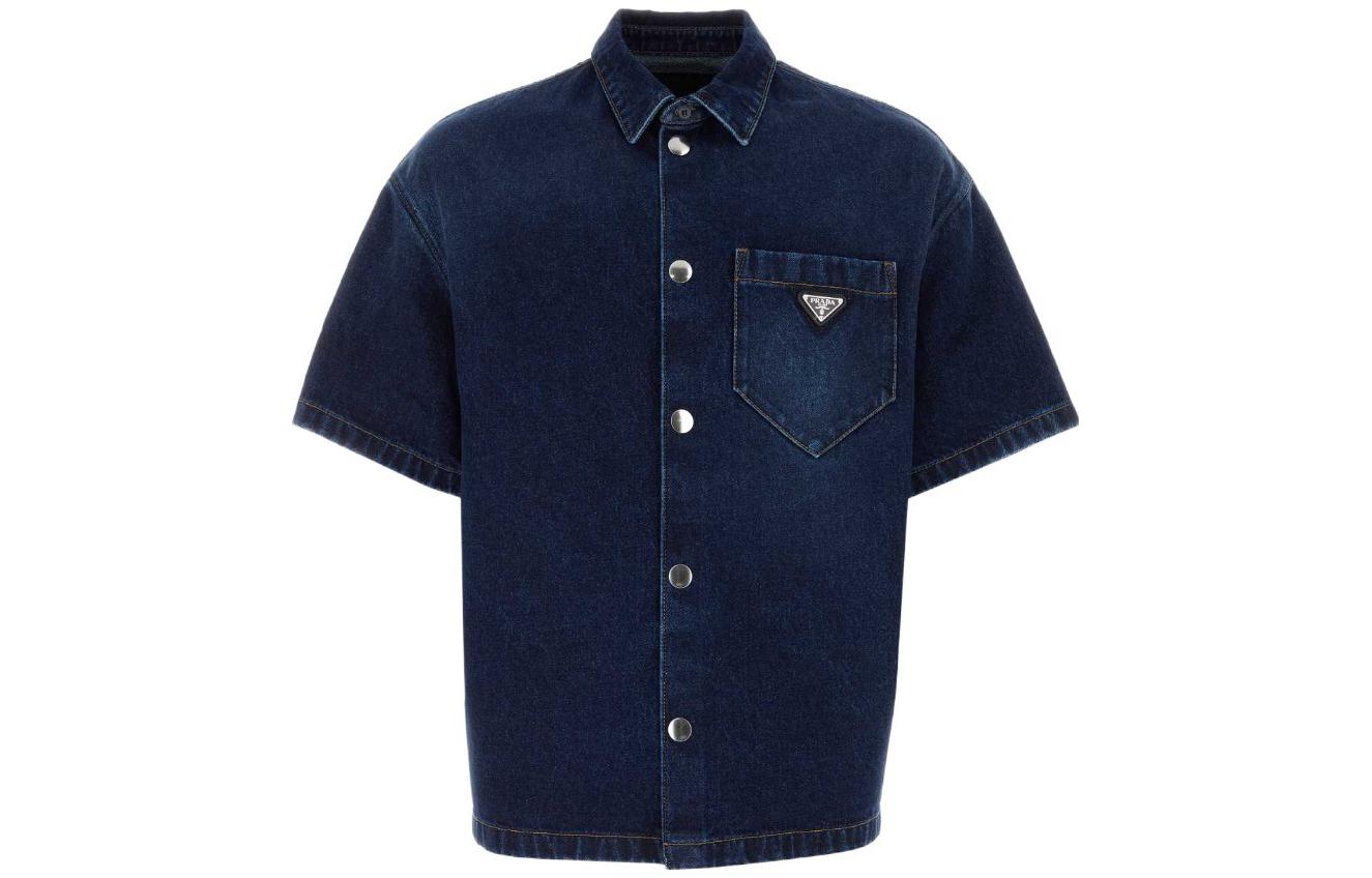 PRADA SS23 Navy Blue Loose-Fit Denim Logo Short-Sleeve Sun Protection Shirt Men GEC067-13HO-F0008-S-212