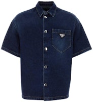 PRADA SS23 Navy Blue Loose-Fit Denim Logo Short-Sleeve Sun Protection Shirt Men GEC067-13HO-F0008-S-212 PRADA SS23 Navy Blue Loose-Fit Denim Logo Short-Sleeve Sun Protection Shirt Men GEC067-13HO-F0008-S-212