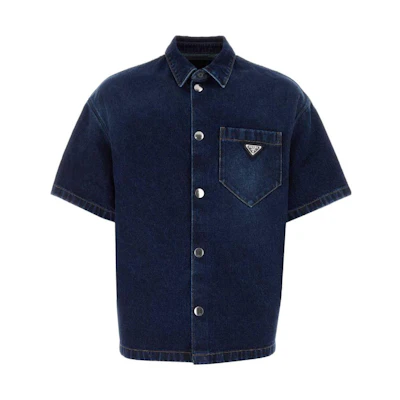 PRADA SS23 Navy Blue Loose-Fit Denim Logo Short-Sleeve Sun Protection Shirt Men GEC067-13HO-F0008-S-212