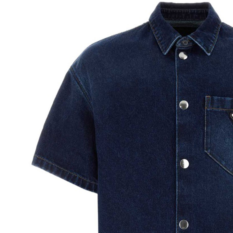 Shop PRADA SS23 男士海軍藍寬鬆丹寧短袖防曬襯衫 GEC067-13HO-F0008-S-212
