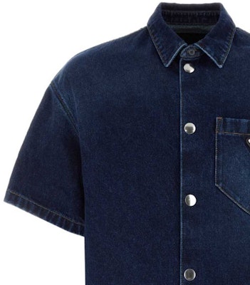 PRADA SS23 男士海軍藍寬鬆丹寧短袖防曬襯衫 GEC067-13HO-F0008-S-212 Shop PRADA SS23 男士海軍藍寬鬆丹寧短袖防曬襯衫 GEC067-13HO-F0008-S-212