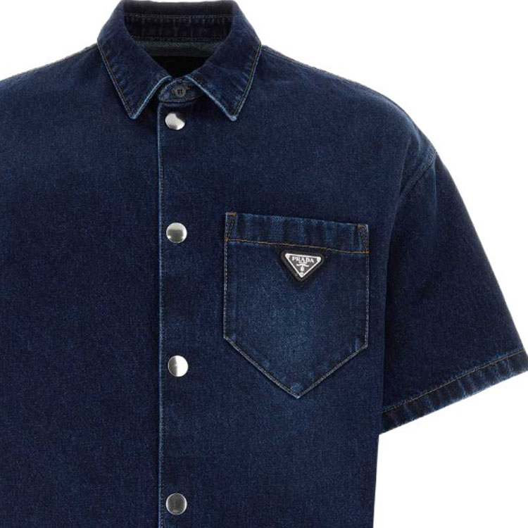 Sizing PRADA SS23 男士海軍藍寬鬆丹寧短袖防曬襯衫 GEC067-13HO-F0008-S-212