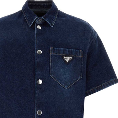 PRADA SS23 男士海軍藍寬鬆丹寧短袖防曬襯衫 GEC067-13HO-F0008-S-212 Sizing PRADA SS23 男士海軍藍寬鬆丹寧短袖防曬襯衫 GEC067-13HO-F0008-S-212