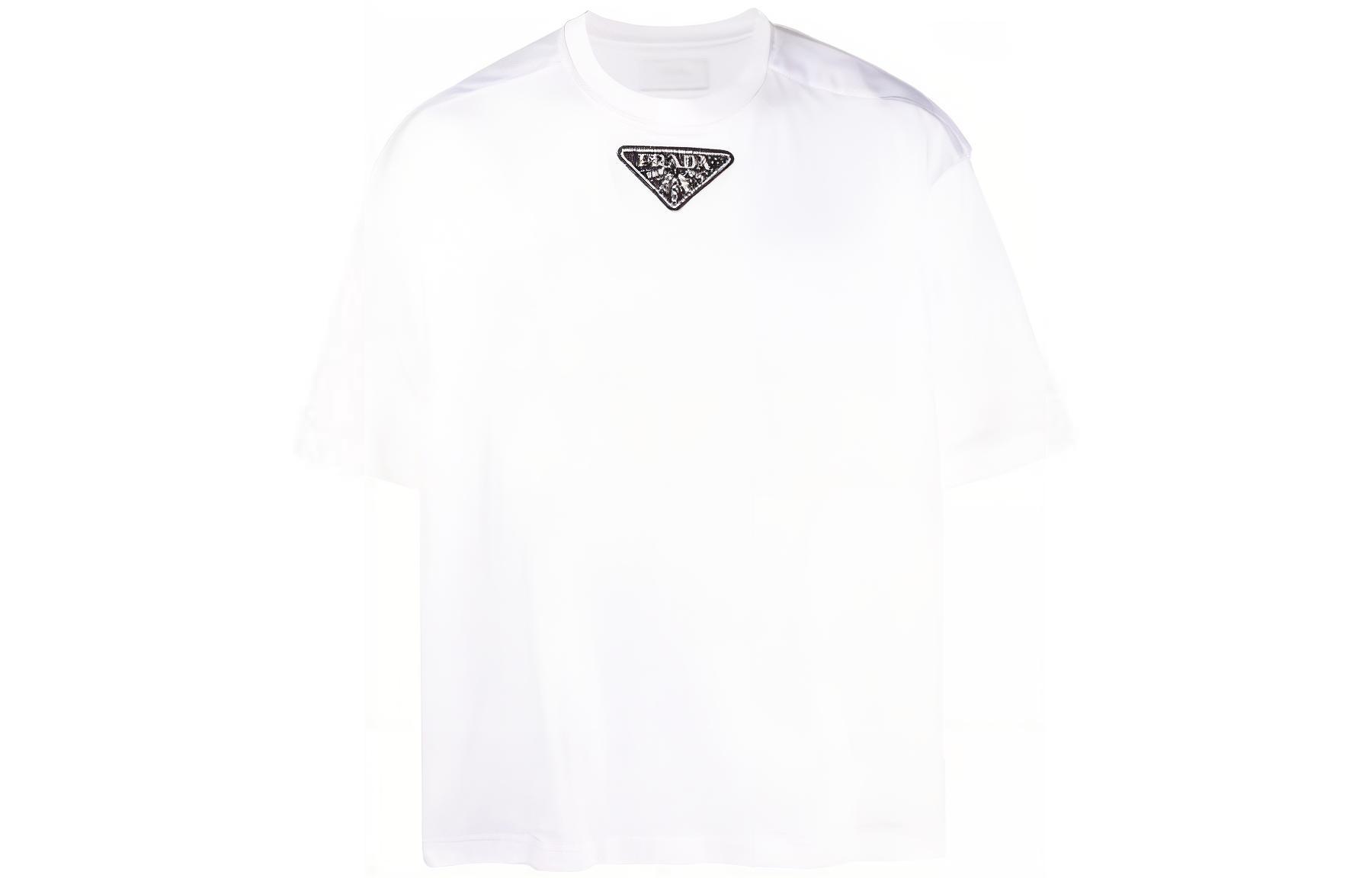 PRADA SS23 Triangle Logo Patch Casual Short Sleeve T-Shirt White (). UJN838-12H4-F0009