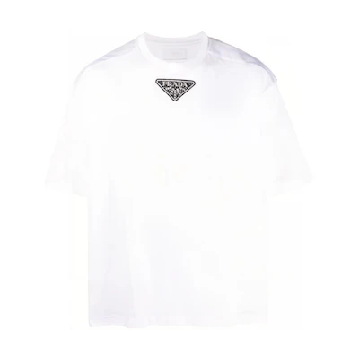 PRADA SS23 Triangle Logo Patch Casual Short Sleeve T-Shirt White (). UJN838-12H4-F0009