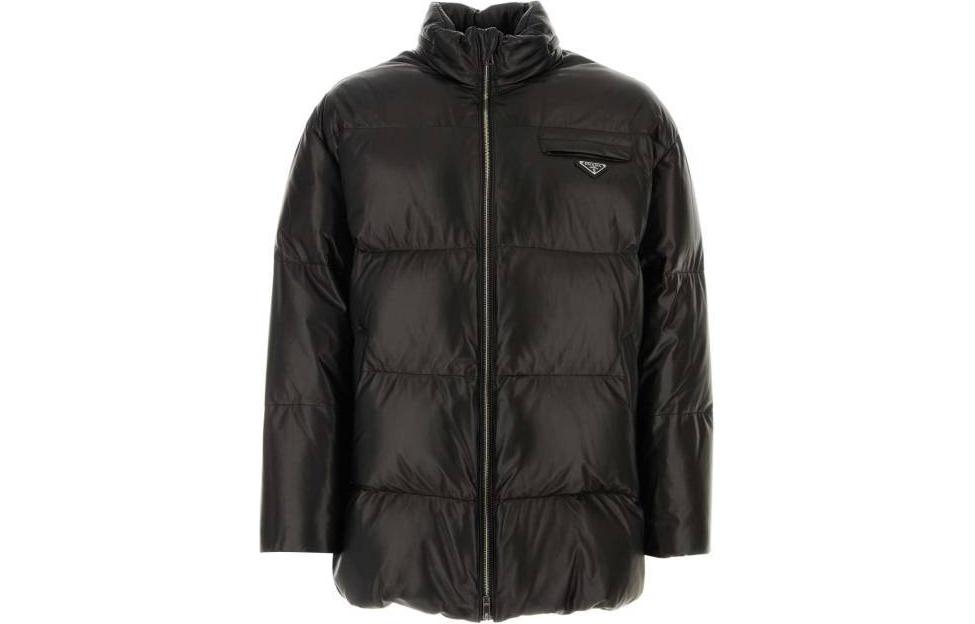 PRADA SS24  Black Puffer Jacket with Logo and Zip-Up Stand Collar. UPS559-JHI-F0002