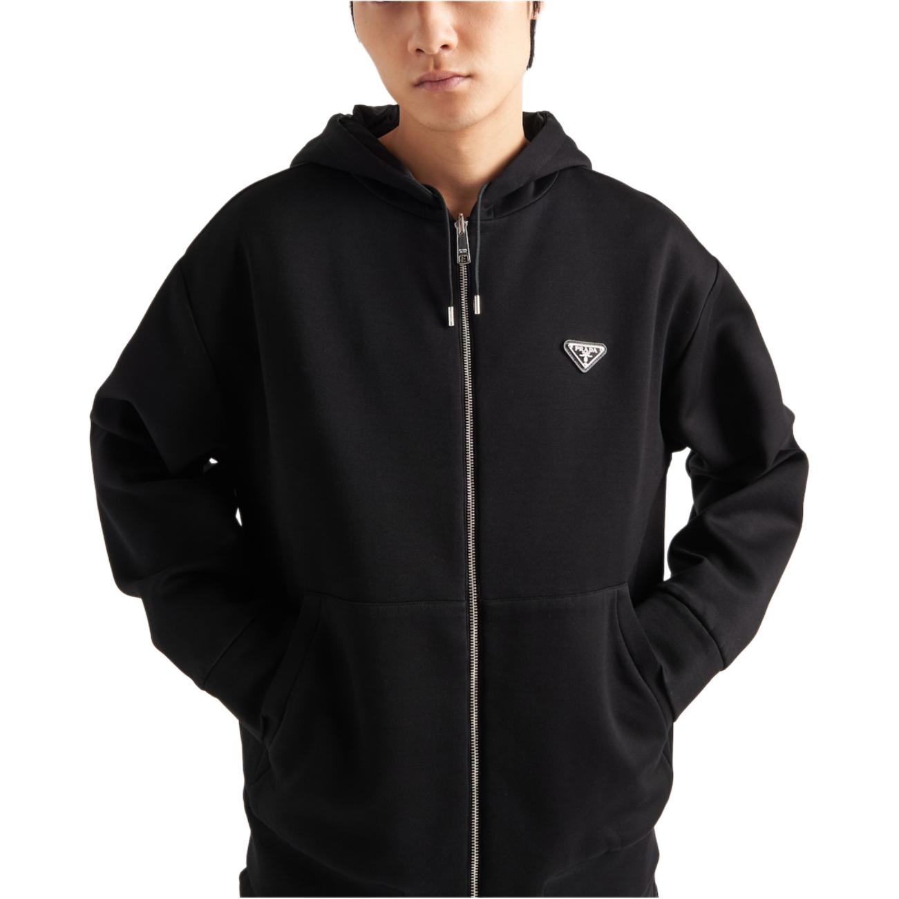 Lookbook PRADA SS24 Jaket Hoodie Oversized Hitam Logo Patch. UJL41B-11JE-F0806-S-OOO